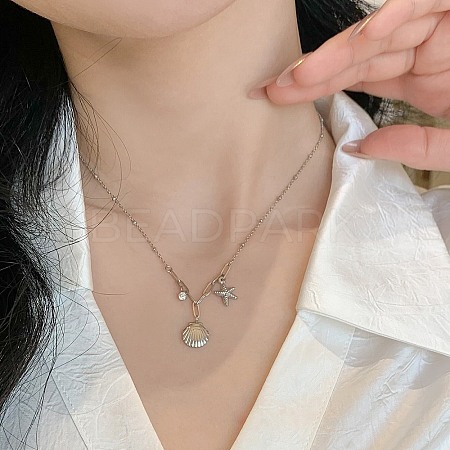 Shell Shape & Starfish 304 Stainless Steel Rhinestone Pendant Necklaces for Women NJEW-M107-02P-1