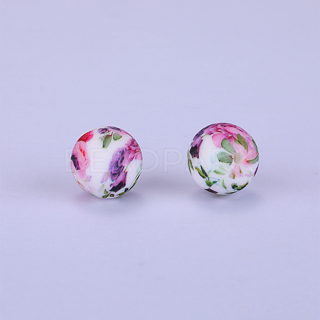 Printed Round with Flower Pattern Silicone Focal Beads SI-JX0056A-157-1