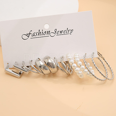 6Pairs Alloy with Plastic Imitation Pearl Stud Earrings & Hoop Earrings WG38505-11-1