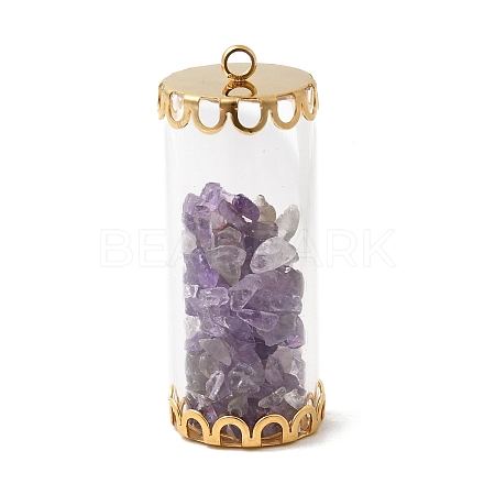 Glass Tube with Natural Amethyst Chip Beads Inside Pendants FIND-B054-01G-02-1