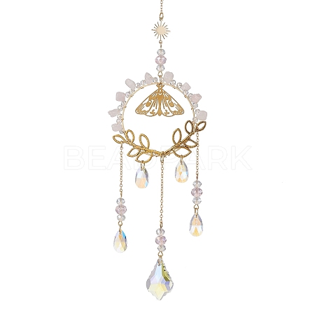 Brass Butterfly & Natural Rose Quartz Chips Pendant Decorations HJEW-TA00259-1