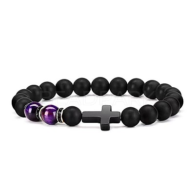 Cross Natural Obsidian & Dyed Tiger Eye Stretch Bracelet HU1552-6-1