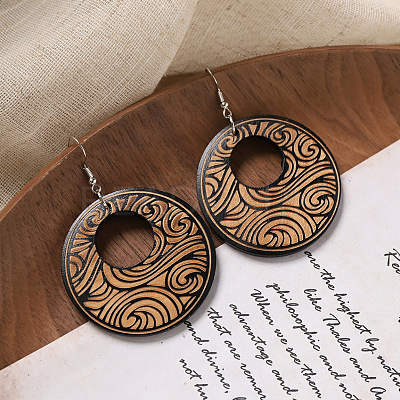 Flat Round Wood Dangle Earrings FS-WGF3184-02-1