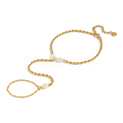 Natural Freshwater Pearl 304 Stainless Steel Rice Bead Hand Chain Ring Bracelets for Women PW2633-1