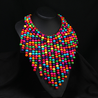 Bohemian Style Round Wood Beaded Multilayer Bib Necklaces for Women WG93846-09-1