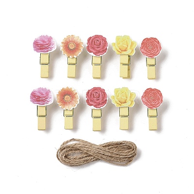 Flower Theme Wooden & Iron Clothes Pins AJEW-H137-07-1