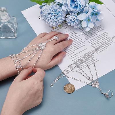 2Pcs Brass Rhinestone Chain Finger Rings Bracelet BJEW-ME0001-02-1
