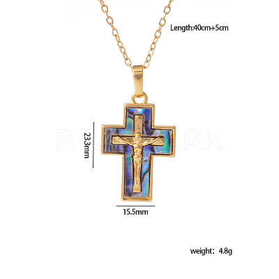 Brass Pave Natural Paua Shell Religion Jesus Cross Pendant Necklaces for Women FS-WGAAB84-03-1