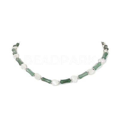 Natural Shell Heart & Green Aventurine Bamboo Beaded Necklace NJEW-TA00123-1