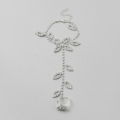 Brass Rhinestone Link Chain Finger Ring Bracelets for Women AJEW-WH20121-31-1