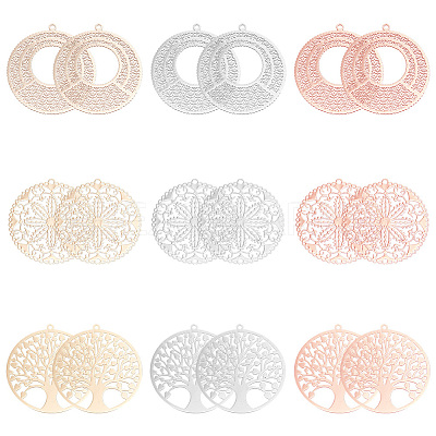 36Pcs 9 Style Rack Plating Brass Filigree Pendants KKC-BC0001-02-1