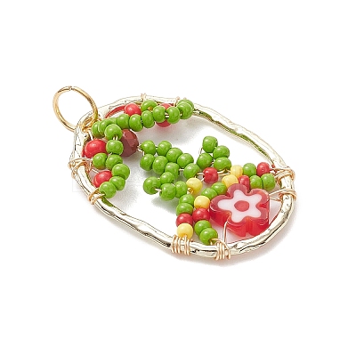 Glass Seed Beaded Oval with Flower Pendants PALLOY-MZ01061-01-1