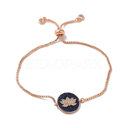 Rack Plating Brass Micro Pave Clear & Dark Blue Cubic Zirconia Box Chain Lotus Flower Link Slider Bracelets BJEW-G716-01RG-1