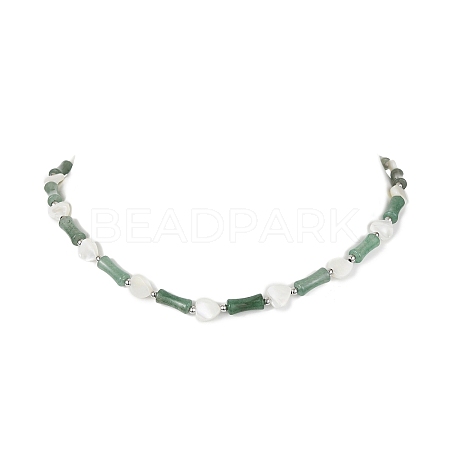 Natural Shell Heart & Green Aventurine Bamboo Beaded Necklace NJEW-TA00123-1