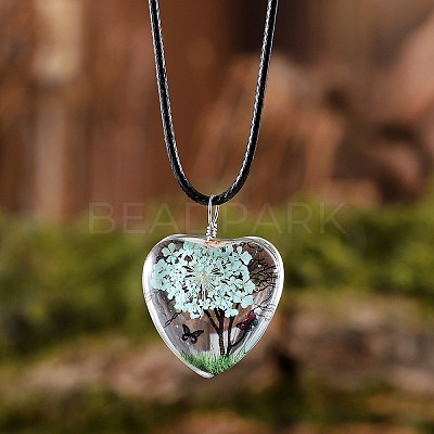 Heart Glass with Dried Flower Tree Inner Pendant Black Waxed Cord Necklaces FS-WG87A6D-02-1