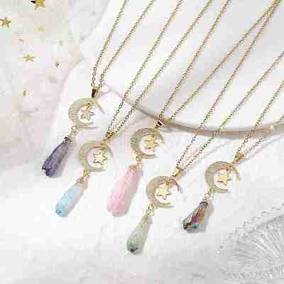 Electroplated Natural Quartz Crystal with Moon and Star Pendant Necklaces NJEW-JN04686-1