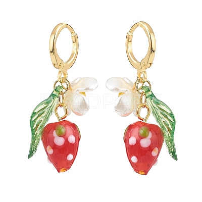 Lampwork Strawberry with Plastic Pearl Flower Dangle Leverback Earring X-EJEW-TA00130-1