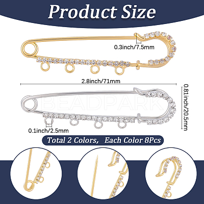 16Pcs 2 Colors Iron Rhinestone Safety Pins FIND-SC0022-23A-1