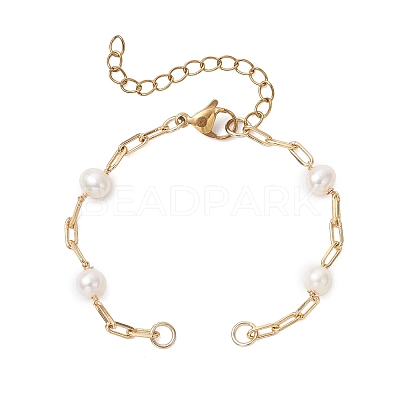 Natural Cultured Freshwater Pearl Beads & Brass Paperclip Chain Bracelet Making AJEW-JB01451-1