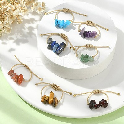 Natural & Synthetic Mixed Gemstone Chip Braided Bead Finger Ring RJEW-JR00597-1