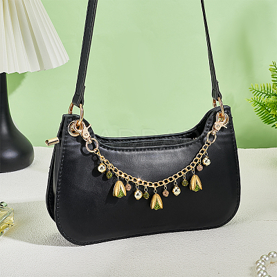 Polymer Clay Rhinestone Green Flower Charms Aluminium Twisted Curb Chain Bag Decorative Chains HJEW-PH02271-1