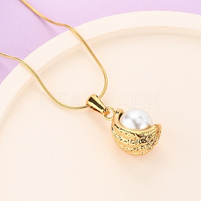 304 Stainless Steel & Acrylic Imitation Pearl Moon Pendant Snake Chain Necklaces for Women NJEW-F354-08G-1