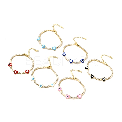 Heart with Evil Eye Enamel Link Bracelet with Clear Cubic Zirconia Tennis Chains BJEW-G650-04G-1
