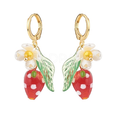 Lampwork Strawberry with Plastic Pearl Flower Dangle Leverback Earring X-EJEW-TA00130-1