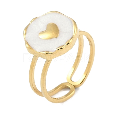 Ion Plating(IP) 304 Stainless Steel Enamel Flat Round with Heart Cuff Finger Rings RJEW-L107-073G-01-1