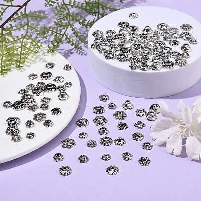 150Pcs 15 Styles Tibetan Style Alloy Flower Bead Caps FIND-YW0007-29-1