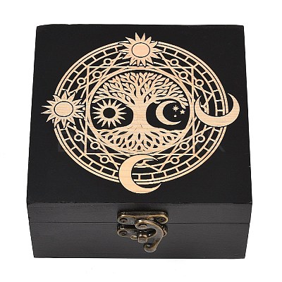 (Defective Closeout Sale: Dents)Engraved Pine Wood Tarot Box for Cards Crystal Holder WD-XCP0001-03-1