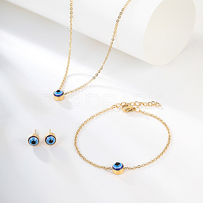 Evil Eye Stainless Steel Stud Earring & Bracelets & Necklaces Set LY5157-2-1