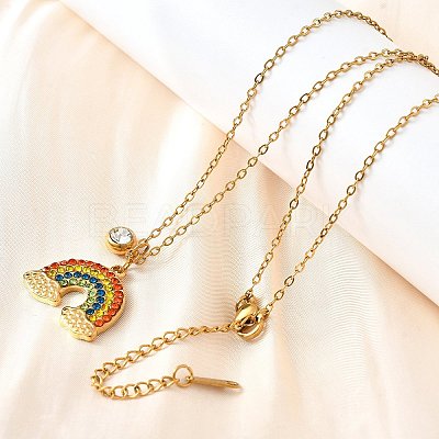 304 Stainless Steel Rhinestone Rainbow Pendant Necklaces for Women NJEW-U043-03G-1
