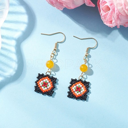 Handmade Glass Seed Beaded Window Lattice Pattern Dangle Earrings EJEW-MZ00560-01-1