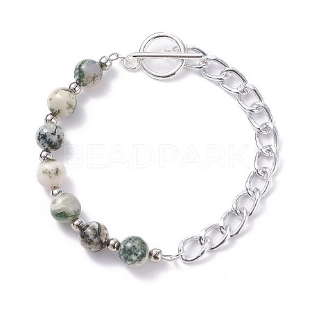 Natural Tree Agate Round Beaded Bracelet with Curb Chain for Men Women BJEW-TA00048-02-1