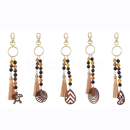 Lava Rock & Tiger Eye & Resin & Wood Tassels Keychain KEYC-JKC00920-1