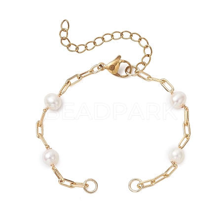 Natural Cultured Freshwater Pearl Beads & Brass Paperclip Chain Bracelet Making AJEW-JB01451-1