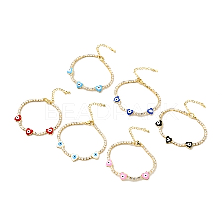 Heart with Evil Eye Enamel Link Bracelet with Clear Cubic Zirconia Tennis Chains BJEW-G650-04G-1
