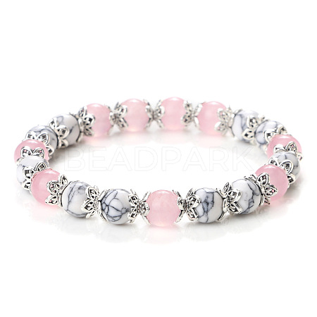 Natural Rose Quartz & Howlite Round Beaded Stretch Bracelets for Women JT2459-1-1