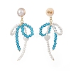 Shell Pearl & Glass Bowknot with Heart Dangle Stud Earrings EJEW-TA00146-2
