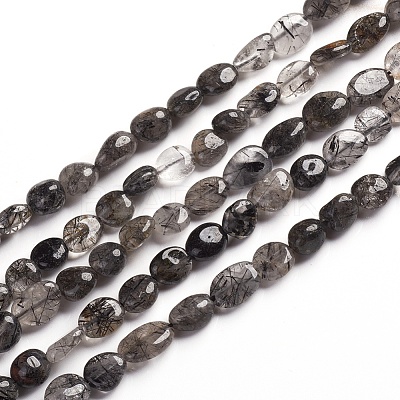 Natural Tourmalinated Quartz/Black Rutilated Quartz Beads Strands G-D0002-B26-1