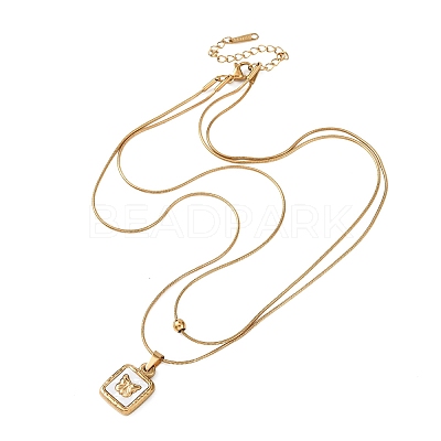 304 Stainless Steel with Natural White Shell Square Disc Pendant Double Layer Necklaces NJEW-K300-06A-G-1