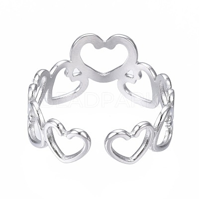 Non-Tarnish 304 Stainless Steel Heart Open Cuff Ring RJEW-T023-57P-1