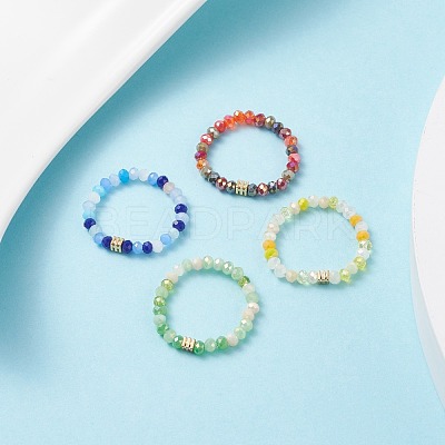 Glass Beaded Stretch Finger Ring with Cube for Women RJEW-JR00431-1
