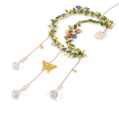 Wire Wrapped Natural Rose Quartz & Brass Moon Pendant Decorations HJEW-K046-08G-04-1