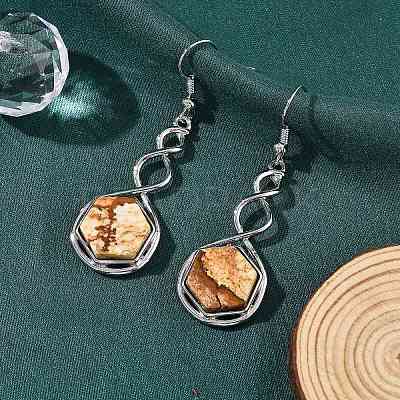 Hexagon Natural Picture Jasper Dangle Earrings EJEW-K298-01P-11-1