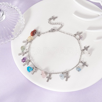 Natural & Synthetic Mixed Gemstone Chips & Cross Charms Anklet AJEW-AN00512-04-1