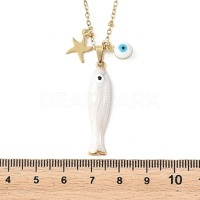 Brass Enamel Evil Eye & 304 Stainless Steel Fish Charms 304 Stainless Steel Chains Necklaces for Women NJEW-JN06382-02-1