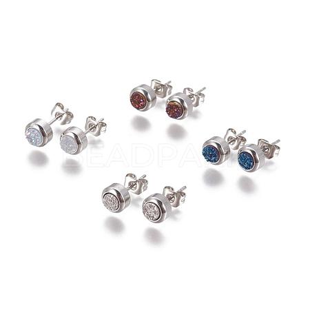 Electroplate Natural Druzy Quartz Stud Earrings EJEW-P181-B01-1
