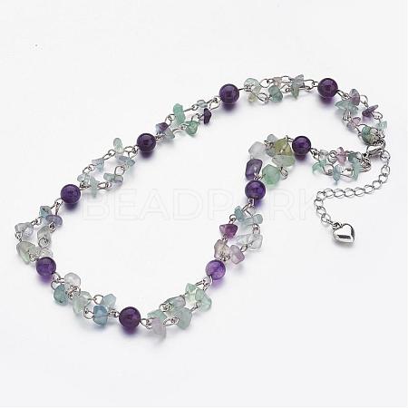 Natural Amethyst & Fluorite Beaded Tiered Necklaces NJEW-JN01707-1